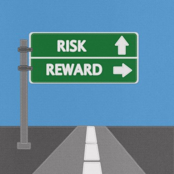 Risk and reward highway sign concept with stitch style on fabric background